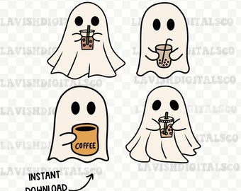 Ghost Drinking Coffee Png, Sublimation Design, Digital Download, Halloween Shirt Design,Iced Coffee Halloween Png, Halloween Ghost,