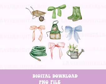 Boho Floral Gardening PNG: Coquette Bows, Spring Garden (Digital Download)