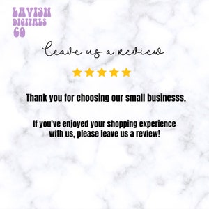 May include: A white and gray marble-patterned background with text that reads "Leave us a review" and "Thank you for choosing our small businesss." Five gold stars are displayed above the text.