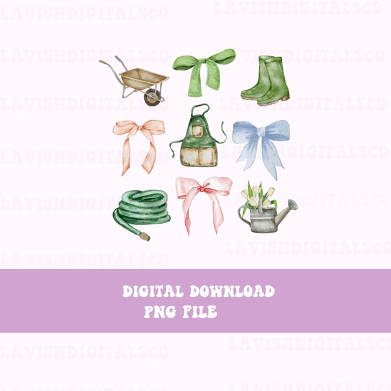 Boho Floral Gardening PNG: Coquette Bows, Spring Garden (Digital Download)