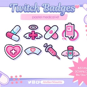 Puede incluir: Un conjunto de ocho insignias de Twitch de color rosa pastel y azul con iconos de temática médica, como un vendaje, un corazón con una cruz, una jeringa y un frasco de pastillas. El texto "Twitch Badges" y "pastel medical kit" está en la parte superior de la imagen. El texto "INSTANT DOWNLOAD 18x/36x/72x" está en la parte inferior de la imagen.