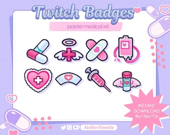 May include: A set of eight pastel pink and blue Twitch badges featuring medical-themed icons, such as a bandage, a heart with a cross, a syringe, and a pill bottle. The text "Twitch Badges" and "pastel medical kit" is at the top of the image. The text "INSTANT DOWNLOAD 18x/36x/72x" is at the bottom of the image.