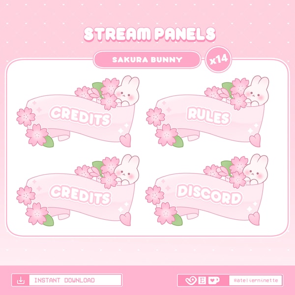 Cherry Blossom Stream Panels | Pastel Pink Sakura Bunny Twitch Panels x14