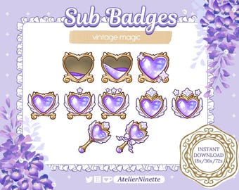 Puede incluir: Gráfico digital de "Sub Badges" con un tema de "magia vintage". Las insignias tienen forma de corazón con marcos dorados y detalles morados. La imagen incluye el texto "Descarga instantánea" y "AtelierNinette".