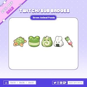 Op de afbeelding: Vijf groene badges met een thema van dierenvoer voor Twitch of Sub. De badges hebben de vorm van een schildpad, een macaron, een kat, een konijn en een kikker op een stok. De tekst "Green Animal Foods" staat boven de badges. De tekst "72x72 | 36x36 | 18x18" staat onder de badges.