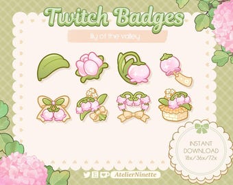 Op de afbeelding: Set van acht digitale Twitch-badges met illustraties van lelietjes-van-dalen in verschillende arrangementen. De badges zijn in de kleuren roze, groen en wit. De tekst "Twitch Badges" en "lelietjes-van-dalen" staat bovenaan de afbeelding. De tekst "INSTANT DOWNLOAD 18x/36x/72x" staat onderaan de afbeelding.