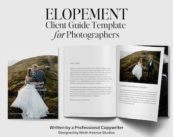Puede incluir: Una plantilla de guía para clientes para fotógrafos especializados en fotografía de elopement. La guía presenta a una pareja con atuendo de boda de pie en una colina con una cordillera de montañas en el fondo. El texto de la portada dice "Elopement Photography Preparation Guide".
