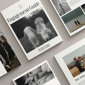 Puede incluir: Varios libros blancos con el título "Engagement Guide" se muestran. Los libros presentan fotografías en blanco y negro de parejas y el texto "Effortlessly Timeless & Romantic Storytelling".