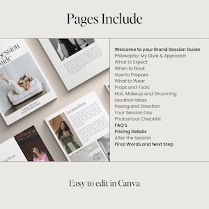 May include: A layout of a brand session guide with the text "Pages Include" at the top. The guide includes sections on preparation, posing, and session details. The phrase "Easy to edit in Canva" is at the bottom.