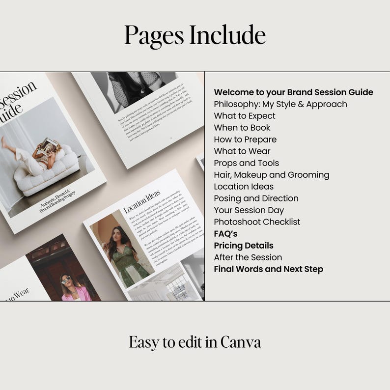 May include: A layout of a brand session guide with the text "Pages Include" at the top. The guide includes sections on preparation, posing, and session details. The phrase "Easy to edit in Canva" is at the bottom.