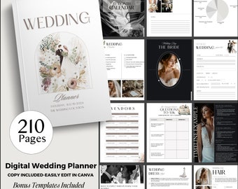Wedding Planner, 200+ Page Canva Template, Modern Editable Planner, Customizable Digital Download, Printable Checklist, Bonuses Included