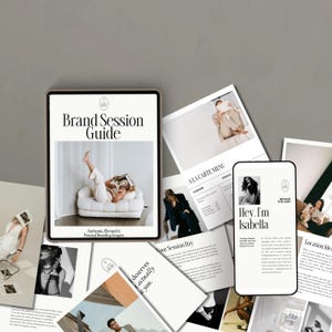 May include: A tablet and smartphone display branding imagery and a guide titled "Brand Session Guide." The tablet shows a person lounging on a white chair. The smartphone says "Hey, I'm Isabella."