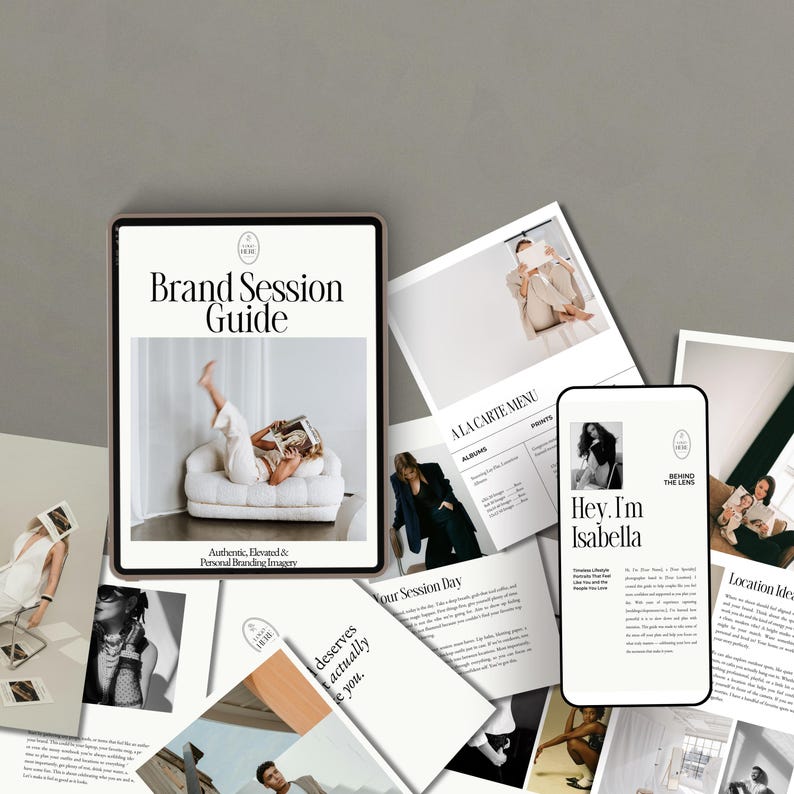 May include: A tablet and smartphone display branding imagery and a guide titled "Brand Session Guide." The tablet shows a person lounging on a white chair. The smartphone says "Hey, I'm Isabella."