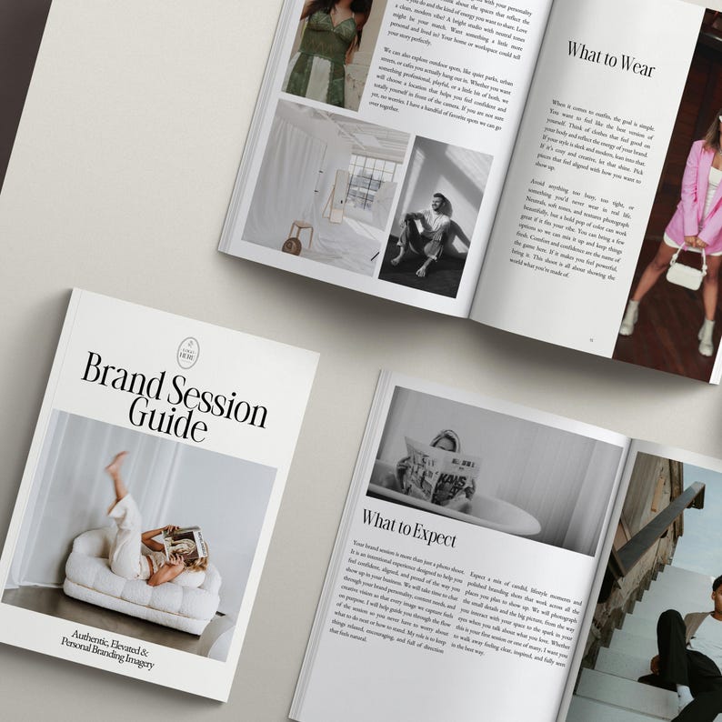 May include: A stack of open magazines and a guide titled "Brand Session Guide" with the text "Authentic, Elevated & Personal Branding Imagery." The magazines feature photos of people and text, with the words "What to Wear" and "What to Expect."