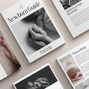 Puede incluir: Una pila de libros blancos de la Guía para Recién Nacidos con texto negro e imágenes en escala de grises de un bebé recién nacido. La portada presenta el título y una foto de las manos de un bebé sostenidas por un adulto. Los libros están sobre una superficie beige claro.