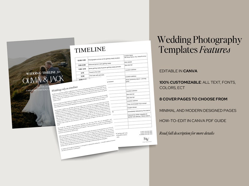 Wedding Photographer Timeline & Shot List Minimal, Modern Design Professional Copy 8 Designed Cover Options Editable in Canva image 3