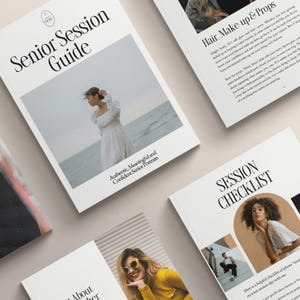 May include: A collection of white booklets with black text and photographs. The main booklet is titled "Senior Session Guide" with a photo of a woman in a white dress. Other booklets include "Hair, Make up & Props" and "Session Checklist".