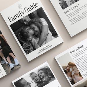 Puede incluir: Se muestran varias guías familiares, con el título principal "Family Guide" en un lugar destacado. La portada muestra una foto familiar en blanco y negro. Otras páginas incluyen títulos como "How to Prepare" y "What to Bring".