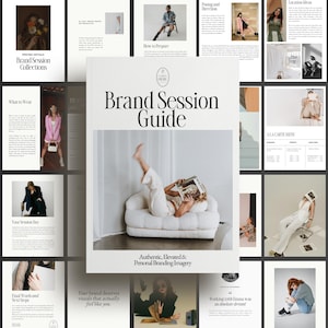 May include: A layout of a "Brand Session Guide" book with the text "Brand Session Guide" in large, elegant font. Surrounding the book are various images and text blocks, including "Pricing Details," "What to Wear," and "How to Prepare." The overall theme is related to branding and photography.