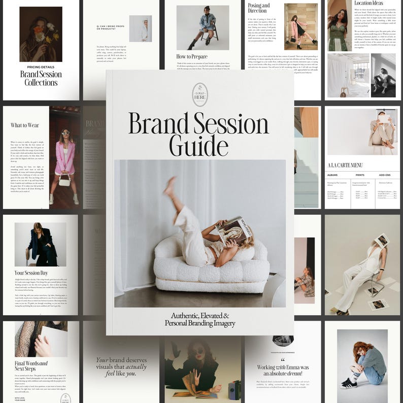 May include: A layout of a "Brand Session Guide" book with the text "Brand Session Guide" in large, elegant font. Surrounding the book are various images and text blocks, including "Pricing Details," "What to Wear," and "How to Prepare." The overall theme is related to branding and photography.