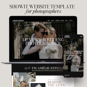 May include: A laptop computer displaying a website for a luxury wedding photographer. The website features a couple in a romantic embrace, with the text "Luxury Wedding Photographer" and "I'm Amelie Estelli" on the screen.