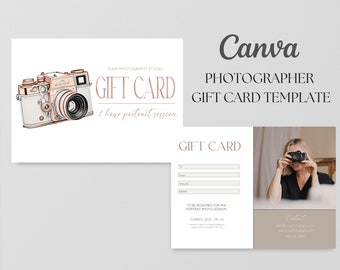 Modello di tela per carta regalo fotografica, certificato regalo per fotografo moderno in oro rosa, carta clipart per fotocamera ad acquerello, download istantaneo