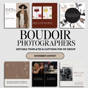 May include: A collage of images for a boudoir photography business. The images include a woman in a red dress, two glasses of wine, a woman in lingerie, a line drawing of a couple, a woman yelling at a cat meme, and a mirror with a feather.