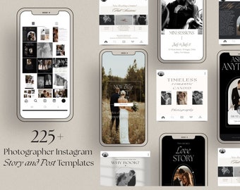 Modelli per storie Instagram e post Canva per fotografi / 225 + Instagram per fotografia di matrimonio, pacchetto di modelli modificabili per storie Instagram e post