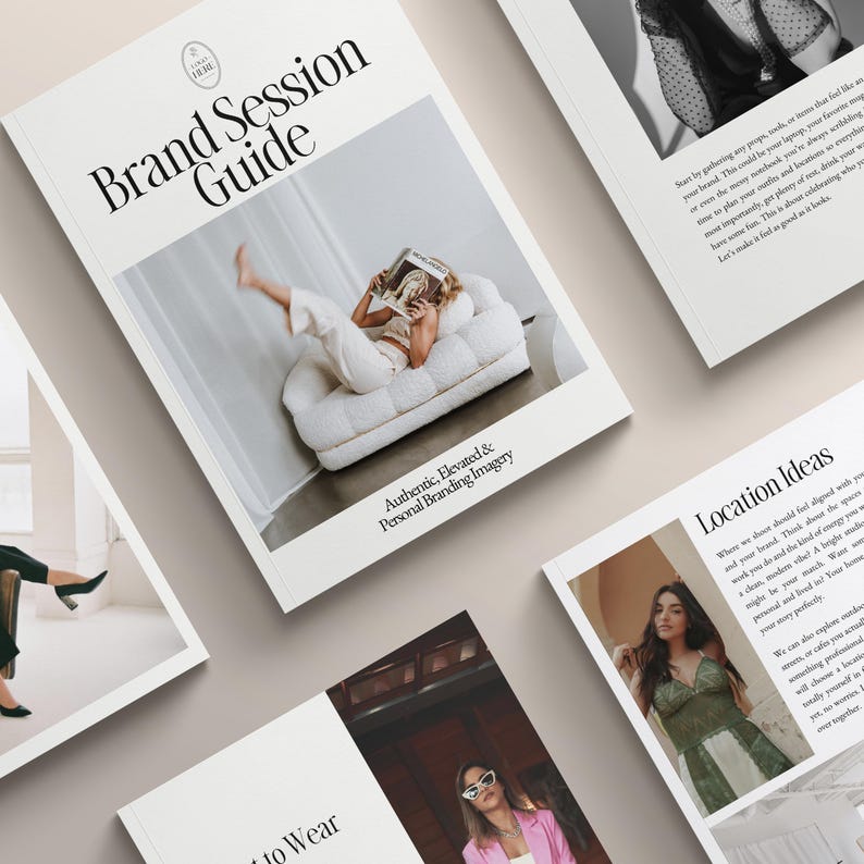 May include: A collection of white and cream-colored brand session guides and marketing materials. The main guide features the text "Brand Session Guide" and an image of a person on a white couch. Other guides include text and images.