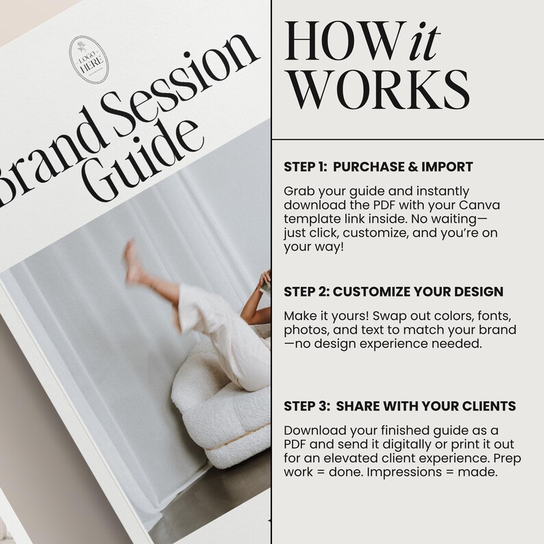 May include: A white and beige Brand Session Guide with the text "HOW it WORKS" and instructions. The guide includes steps for purchasing, customizing, and sharing with clients. A person is seen relaxing on a white chair.