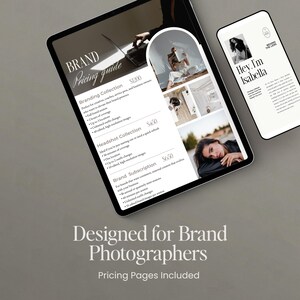 May include: A digital tablet and smartphone display a brand pricing guide. The tablet shows pricing for branding, headshot, and brand subscription packages. The smartphone displays a page with the text "Hey, I'm Isabella."