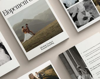 Puede incluir: Se muestran varios folletos blancos titulados "Elopement Guide". La portada presenta a una pareja en una ladera. El texto "Effortlessly Timeless & Romantic Storytelling" es visible. Otras páginas muestran fotos de boda.