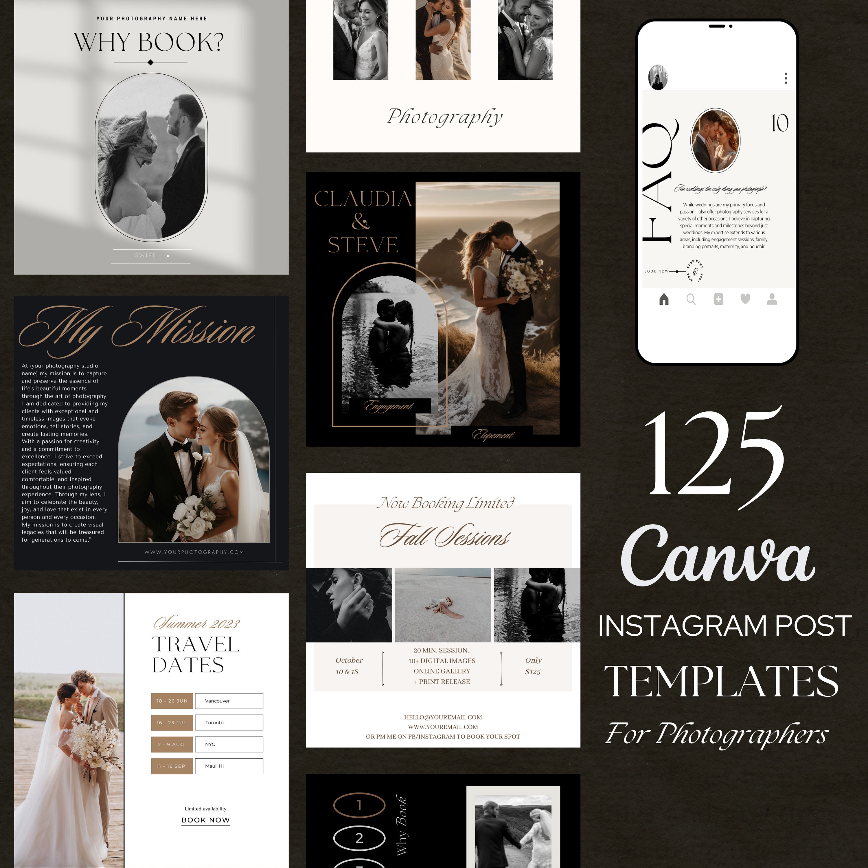 Photographer Instagram Post Canva Template | 125 Wedding Photography Instagram Post Template, Editable Instagram Template, Social Media Post
