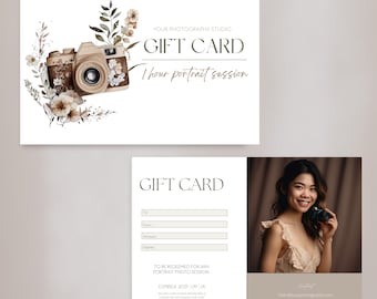 Fotografie Gift Card Canva sjabloon, moderne fotograaf Canva cadeaubon, aquarel Camera Clipart Card, Instant download