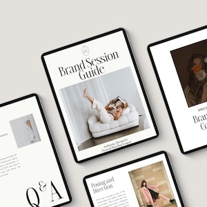 May include: Several tablets displaying a "Brand Session Guide" and other branding content. The main tablet shows a person reading on a white couch. The tablets have a clean, minimalist design with text and images.