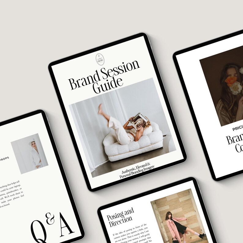 May include: Several tablets displaying a "Brand Session Guide" and other branding content. The main tablet shows a person reading on a white couch. The tablets have a clean, minimalist design with text and images.
