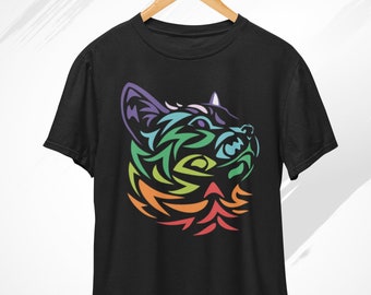 May include: Black t-shirt with a rainbow colored graphic of a cat's head.