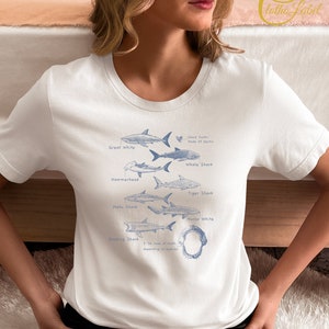 May include: White t-shirt with a blue illustration of different shark species, including the Great White, Whale Shark, Hammerhead, Tiger Shark, Mako Shark, Nurse White, and Basking Shark. The text "Shark Tooth: Made of Dentis" is also included.