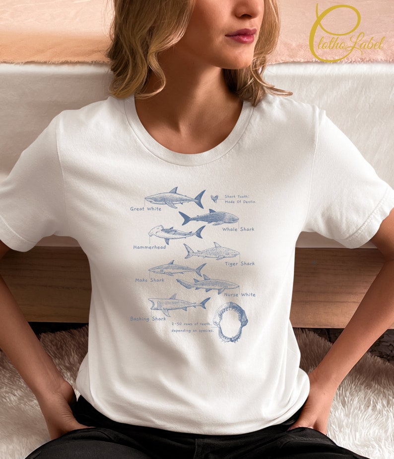 May include: White t-shirt with a blue illustration of different shark species, including the Great White, Whale Shark, Hammerhead, Tiger Shark, Mako Shark, Nurse White, and Basking Shark. The text "Shark Tooth: Made of Dentis" is also included.