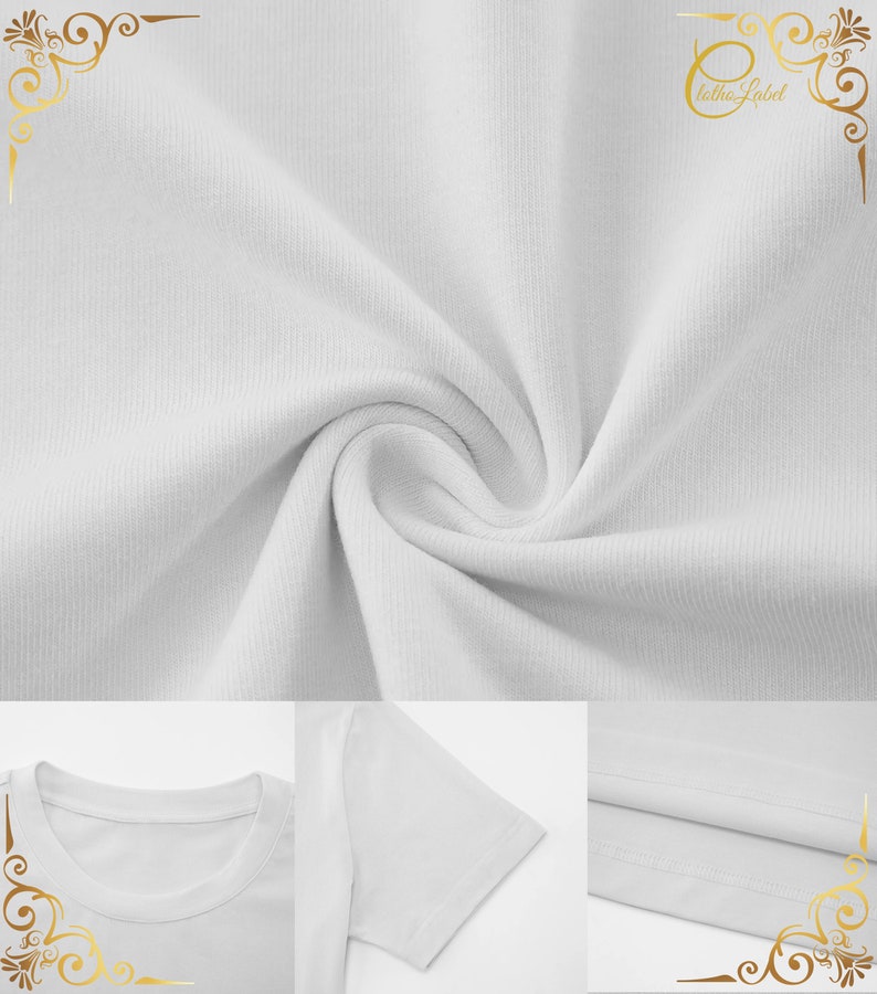 Pode incluir: Camiseta branca de manga curta e gola redonda. O tecido &eacute; canelado e tem um brilho leve. A camiseta &eacute; mostrada em tr&ecirc;s vistas diferentes: um close-up do tecido, um close-up da gola e um close-up da manga.