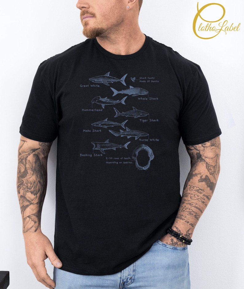 May include: Black t-shirt with a graphic of different shark species, including the Great White, Whale Shark, Hammerhead, Tiger Shark, Mako Shark, Basking Shark, and Nurse White. The graphic also includes the text "Shark Tooth Made of Dentin" and "2-50 rows of teeth depending on species".