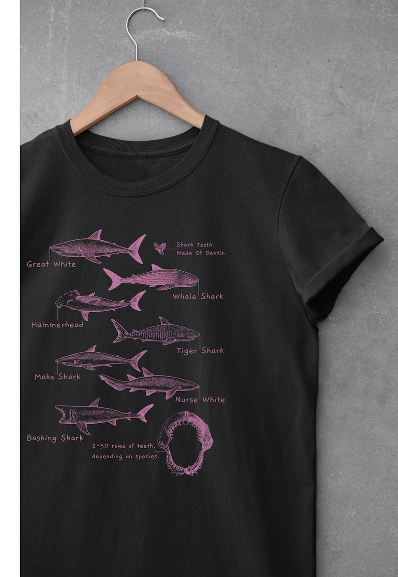 Pode incluir: Camiseta preta com um gr&aacute;fico rosa de diferentes esp&eacute;cies de tubar&otilde;es, incluindo o tubar&atilde;o branco, o tubar&atilde;o martelo, o tubar&atilde;o baleia, o tubar&atilde;o tigre, o tubar&atilde;o mako, o tubar&atilde;o peregrino e o tubar&atilde;o-enfermeira. O gr&aacute;fico tamb&eacute;m inclui o texto "Shark Tooth: Made of Dentin" e "2-50 rows of teeth, depending on species."