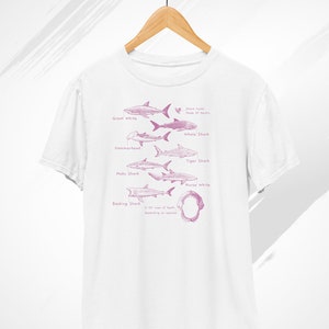 Pode incluir: Camiseta branca com uma ilustra&ccedil;&atilde;o rosa de diferentes esp&eacute;cies de tubar&otilde;es e seus dentes. O texto inclui "Shark Tooth Made Of Derfie", "Great White", "Whale Shark", "Hammerhead", "Tiger Shark", "Mako Shark", "Nurse White", "Basking Shark", "1-50 rows of teeth, depending on species".