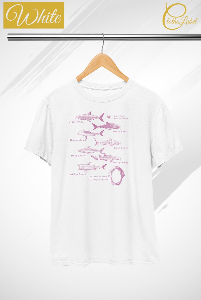 Pode incluir: Camiseta branca com uma ilustra&ccedil;&atilde;o rosa de diferentes esp&eacute;cies de tubar&otilde;es e seus dentes. O texto inclui "Shark Tooth Made Of Derfie", "Great White", "Whale Shark", "Hammerhead", "Tiger Shark", "Mako Shark", "Nurse White", "Basking Shark", "1-50 rows of teeth, depending on species".