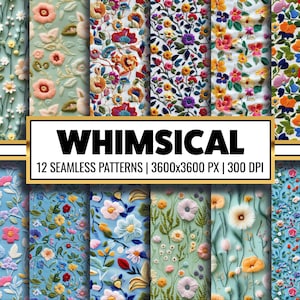 Whimsical Pastel Floral Digital Paper Floral Embroidery Seamless Pattern Faux Fabric Paper Craft for Scrapbooking and Fabric Sublimation