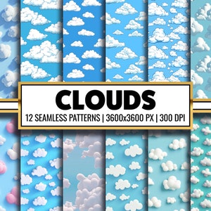 Cloud Seamless Pattern Sky Digital Paper for Scrapbook Paper and Cloud Background Texture Pintable Watercolor Clouds