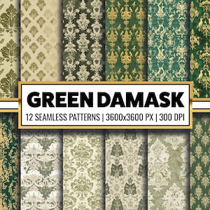 Grün Damask Digitales Papier beunruhigt grüne Tapete Grün Grunge nahtlose Muster Grün & Gold druckbares Scrapbook-Papier für Hintergründe