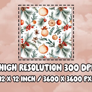May include: A seamless pattern featuring watercolor illustrations of Christmas ornaments, pine branches, berries, and pinecones on a white background. The ornaments are in shades of orange and brown, and the berries are red. The pattern is perfect for holiday crafts and projects.