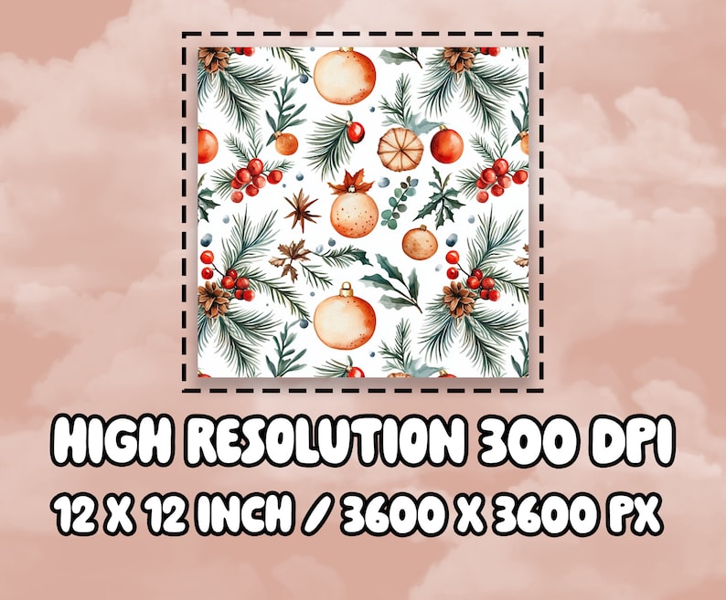 May include: A seamless pattern featuring watercolor illustrations of Christmas ornaments, pine branches, berries, and pinecones on a white background. The ornaments are in shades of orange and brown, and the berries are red. The pattern is perfect for holiday crafts and projects.