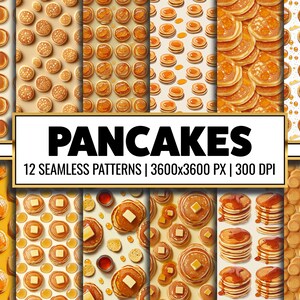 May include: Twelve seamless patterns featuring various designs of pancakes. The patterns include stacks of pancakes, individual pancakes with syrup, and scattered pancakes. The patterns are all in a light brown and yellow color scheme.